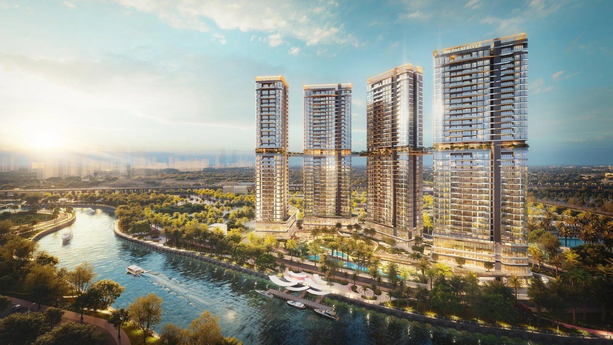 Các tòa tháp ven sông Palm River vào giờ hoàng hôn phía trên khu đô thị Palm City (phối cảnh của chủ đầu tư)
