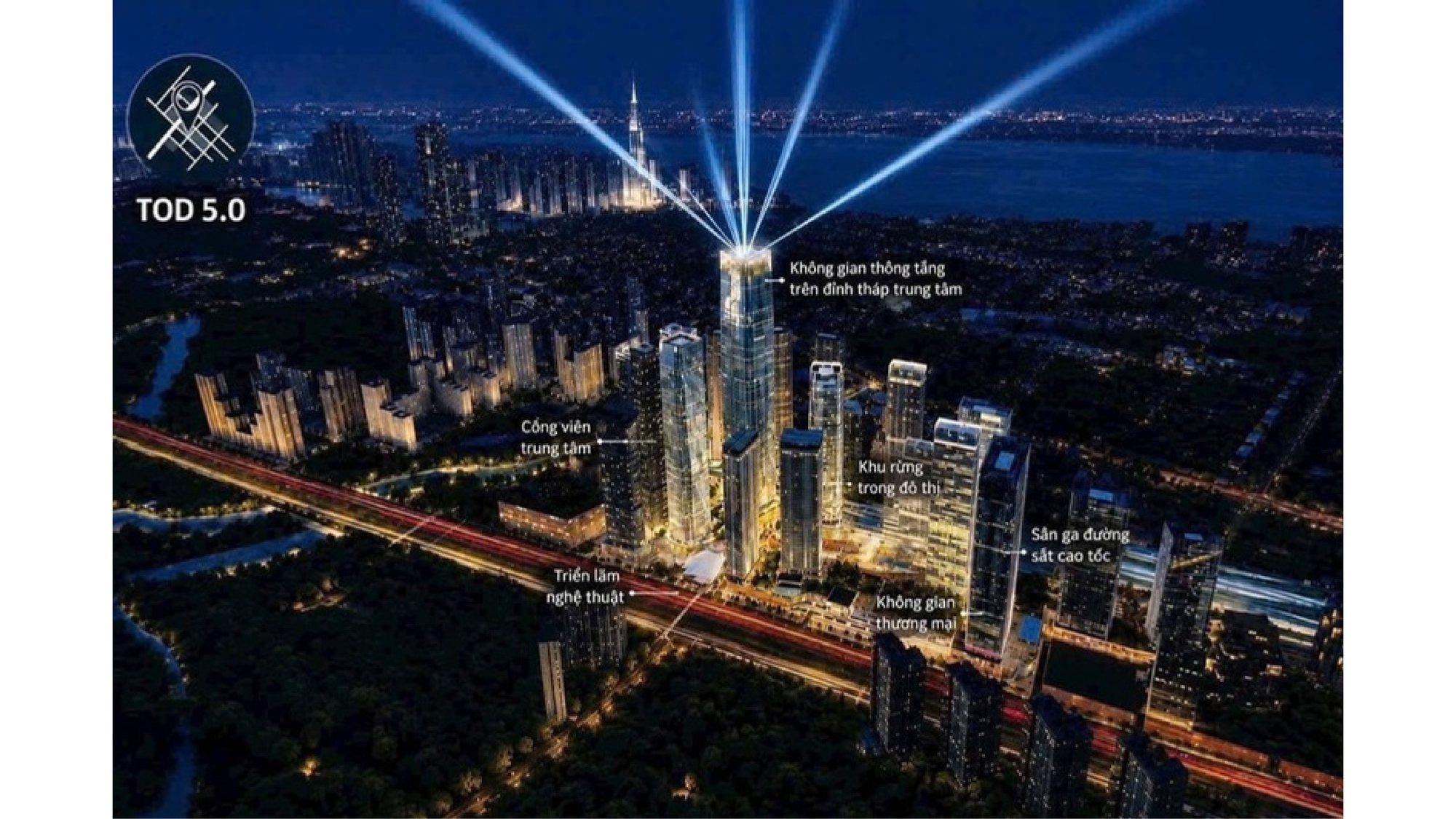 Metropolis — tòa tháp biểu tượng và công viên trung tâm lung linh về đêm (phối cảnh của chủ đầu tư)