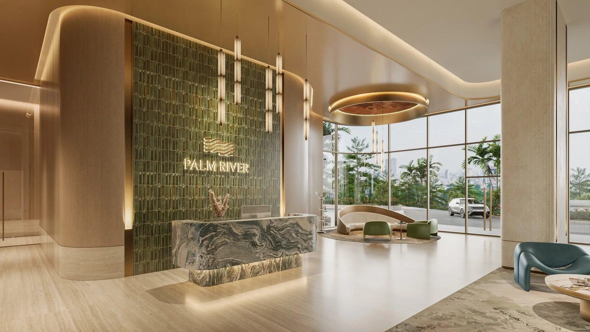 Sảnh căn hộ Palm River với quầy lễ tân bằng đá và tầm nhìn ra vườn