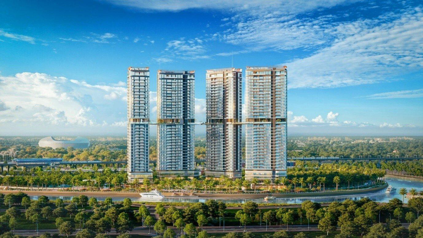 Các tòa tháp Palm River vào ban ngày với mái vòm thể thao Rạch Chiếc phía xa